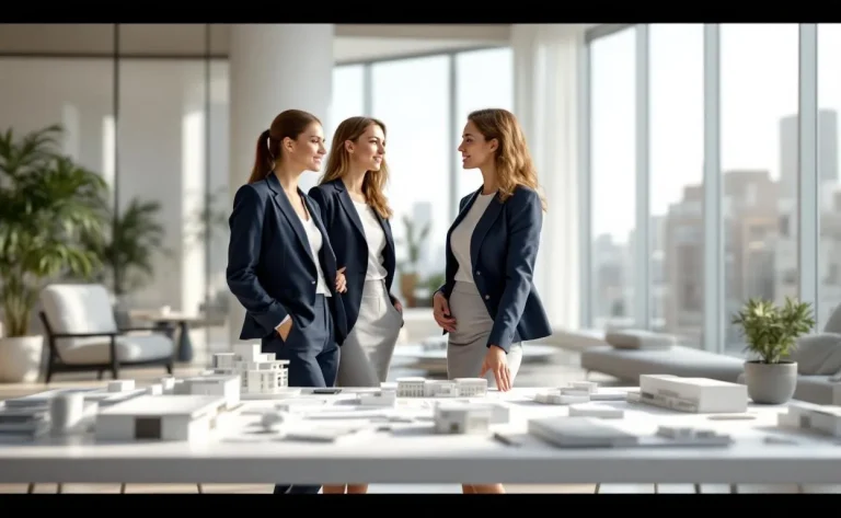 Des architectes travaillent dans un studio lumineux entouré de plans et de maquettes.