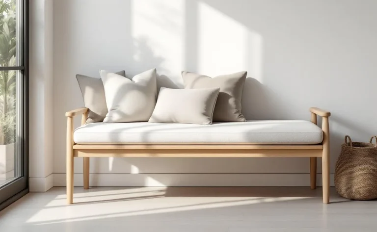 Banc scandinave en bois clair avec assise rembourrée, placé dans un espace épuré.