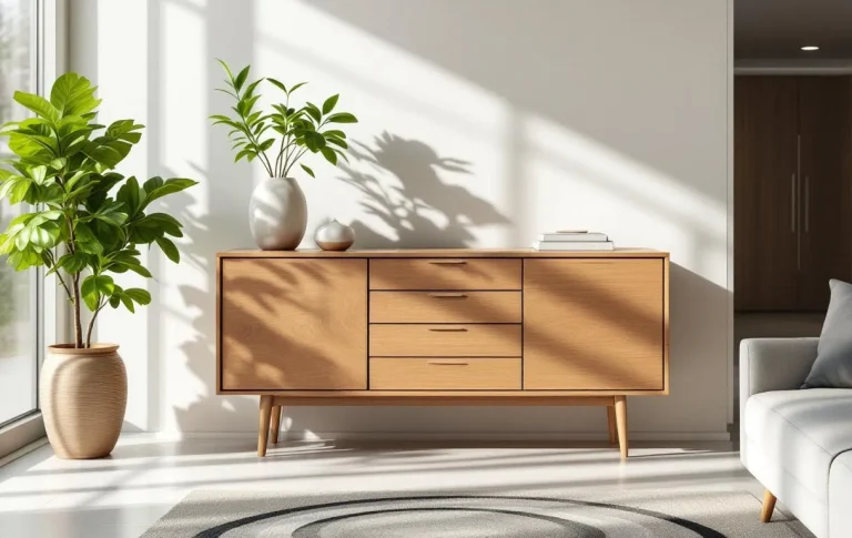 Buffet en bois Tikamoon éclairé par la lumière naturelle, posé contre un mur clair.