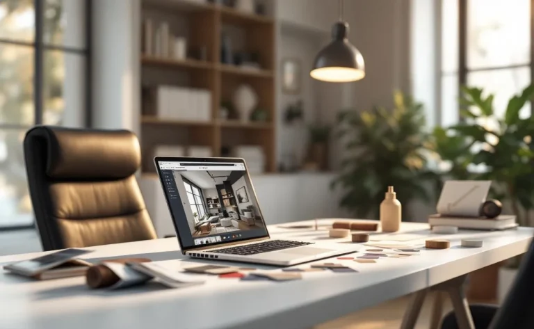 Un bureau moderne avec un ordinateur affichant des logiciels de design.