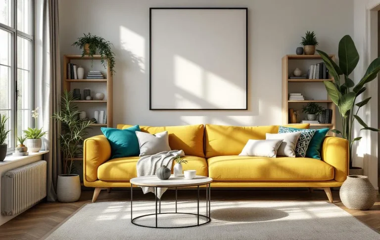 Canapé moutarde placé sous une lumière tamisée.