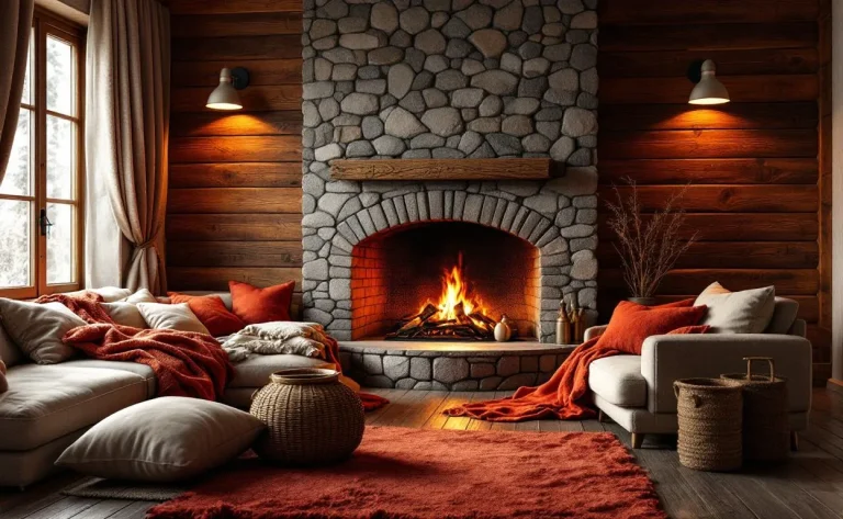 Un chalet en bois avec un feu de cheminée allumé et une ambiance cosy.