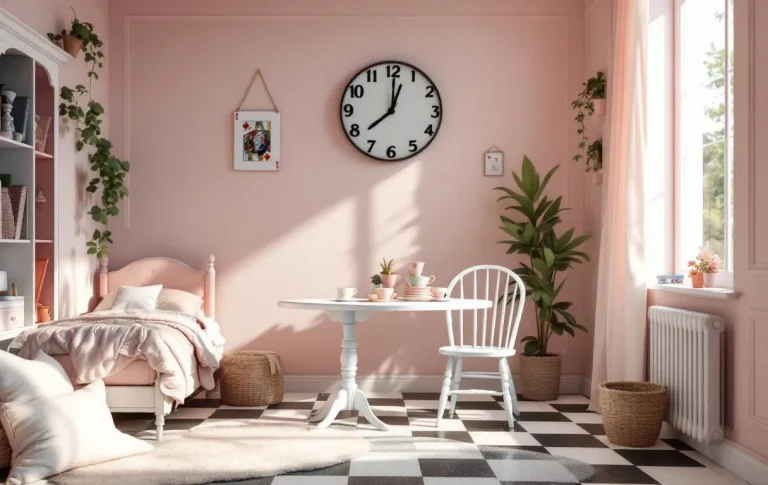 Chambre d’enfant décorée dans un style inspiré d’Alice au pays des merveilles avec des couleurs vives et des éléments fantaisistes.
