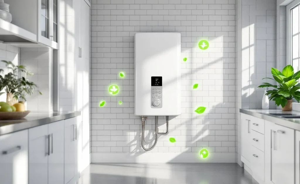 Chauffe-eau écologique lumineux de style moderne installé contre un mur clair.