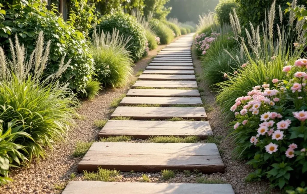 Des dormants de chêne disposés dans un jardin aménagé.