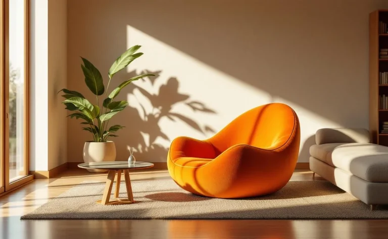 Un fauteuil orange posé dans un salon au style rétro avec quelques éléments de décoration visibles.