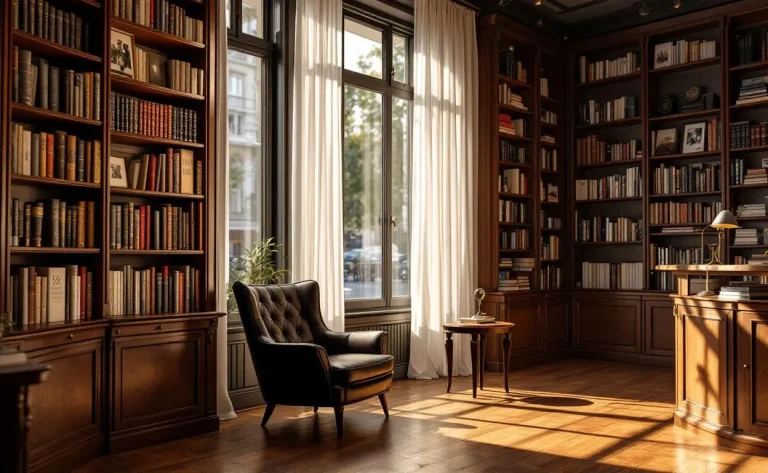 Une librairie raffinée à la Lagerfeld avec des rayonnages chargés de livres et une atmosphère feutrée.