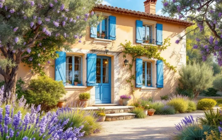 Maison provençale ensoleillée avec des volets colorés et un jardin verdoyant.