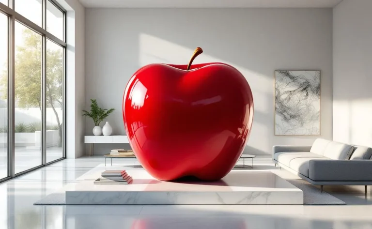 Une pomme géante posée au centre d’un salon moderne.