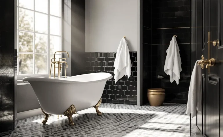 Salle de bain rétro avec baignoire sur pieds, carrelage ancien et accessoires vintage.