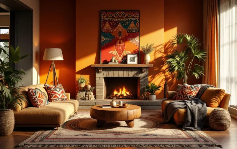 Salon inspiré de motifs aztèques avec des lumières douces et une atmosphère accueillante.