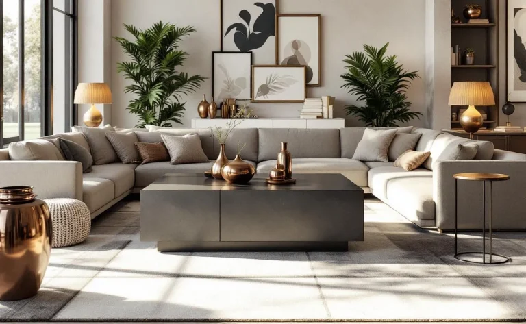 Salon contemporain avec une table noire élégante au centre de la pièce.