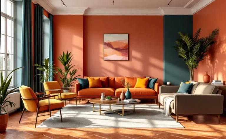 Un salon lumineux aux sept couleurs avec des meubles variés et une décoration colorée.