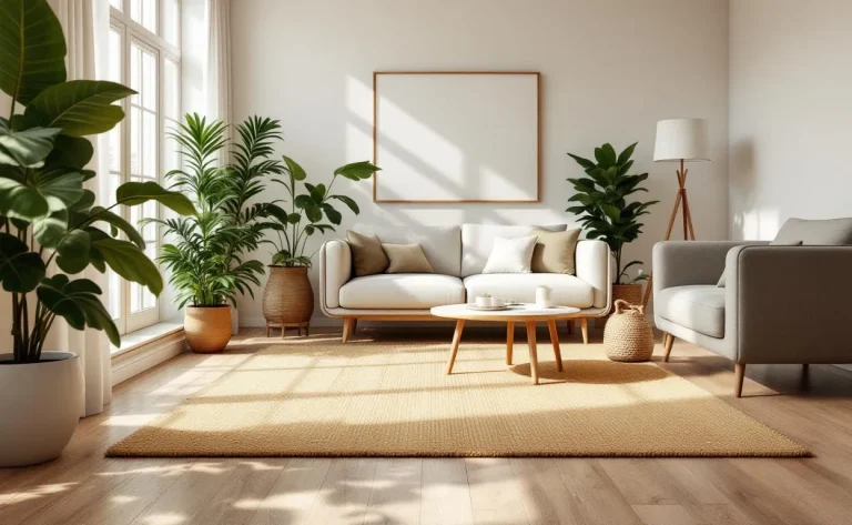 Salon baigné de lumière avec des meubles en matières naturelles et des plantes vertes.