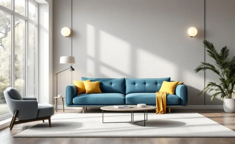 Salon contemporain avec canapé bleu, coussins jaunes et décoration épurée.