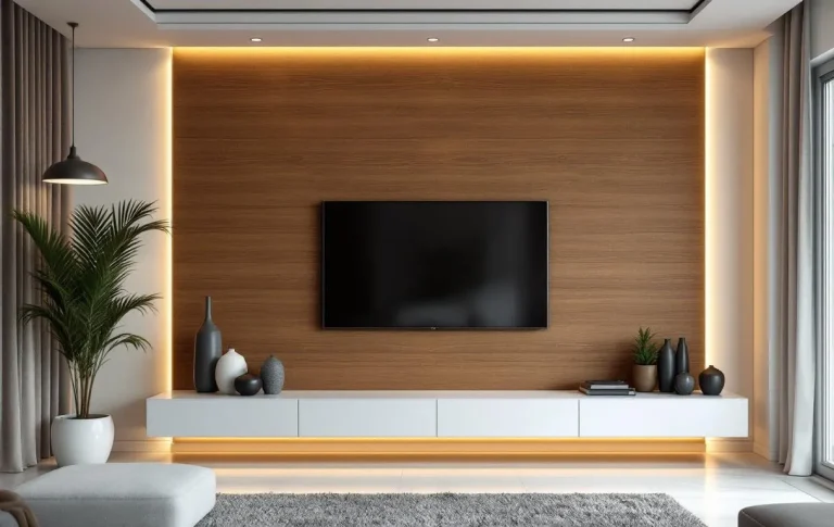 Salon moderne avec mobilier en bois et décoration épurée.