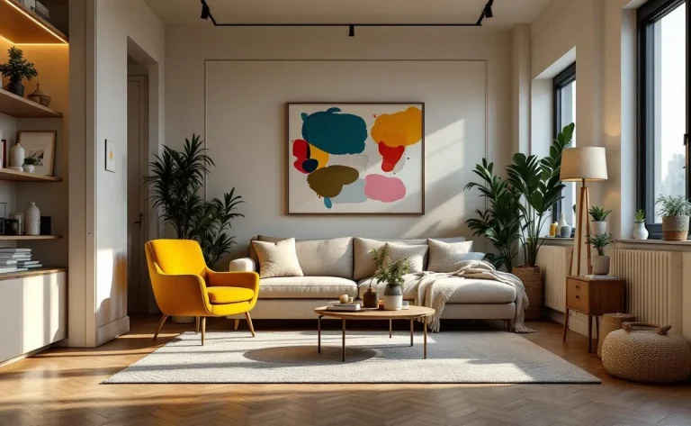 Salon moderne avec des meubles disposés de façon atypique créant une atmosphère cosy.