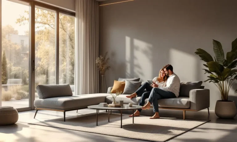 Salon moderne lumineux avec mobilier BoConcept et grande baie vitrée.