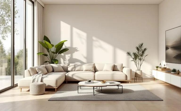 Salon moderne avec des meubles clairs et de grandes baies vitrées laissant entrer la lumière.