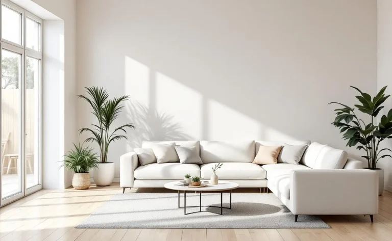 Salon nordique lumineux avec mobilier épuré et grandes fenêtres.