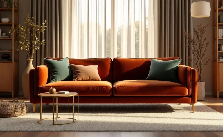 Un sofa couleur rouille baigné par une lumière dorée.