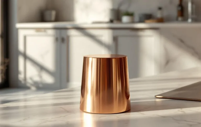 Tabouret en métal cuivré posé sous une lumière douce.