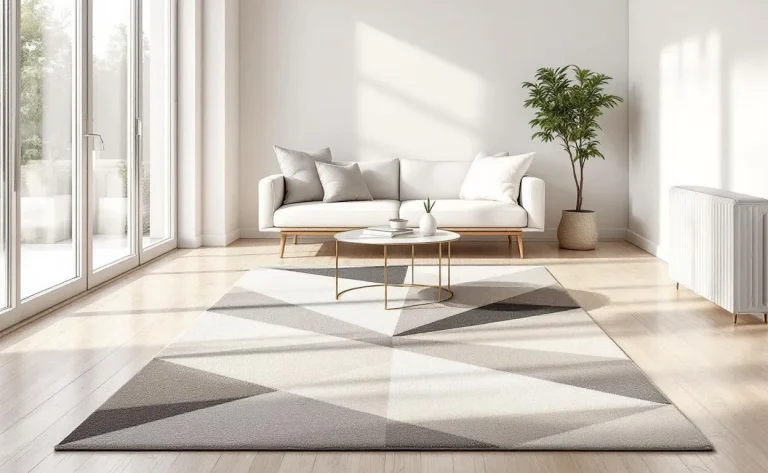 Un tapis à motifs géométriques est éclairé par la lumière naturelle.