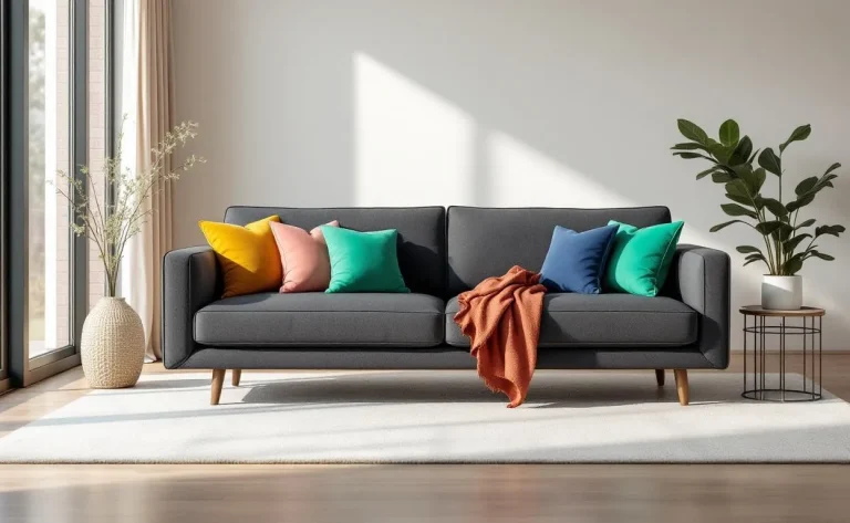 Canapé moderne agrémenté de coussins colorés disposés harmonieusement.