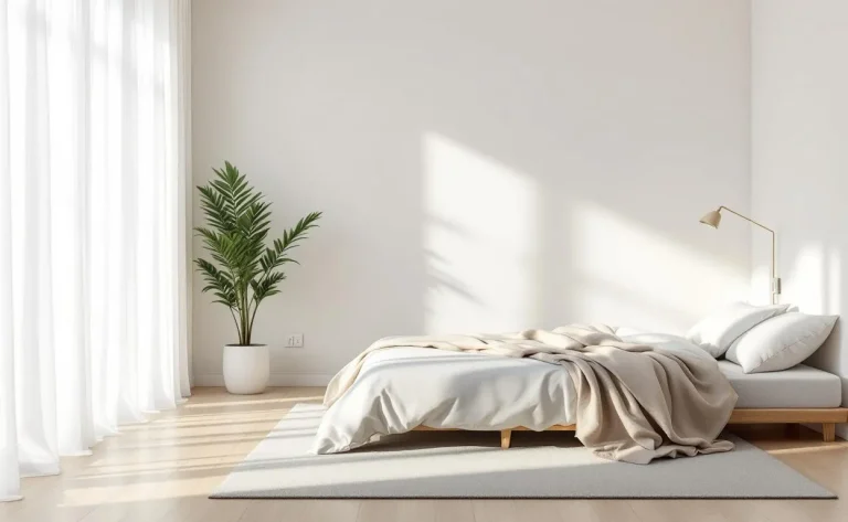 Chambre moderne avec mobilier épuré et prises électriques apparentes.