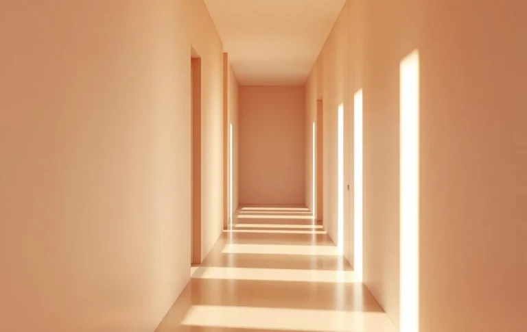 Un couloir aux murs pastel illuminé par la lumière naturelle.