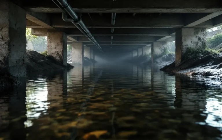 Eau stagnante visible sous une maison construite sur pilotis.