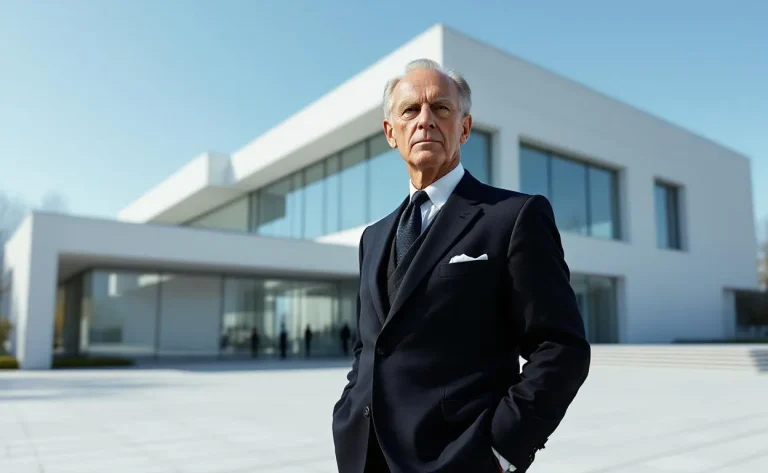 Gropius se tient devant le bâtiment du Bauhaus.