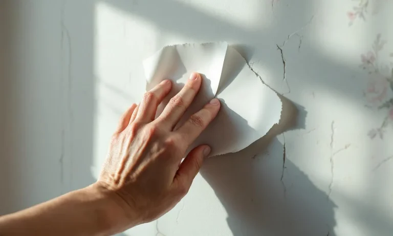 Main recollant un morceau de papier peint sur un mur.