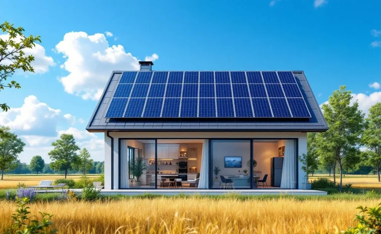 Maison contemporaine équipée de panneaux solaires sur le toit.