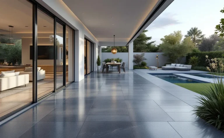 Maison moderne construite avec des pierres bleues et de grandes fenêtres.