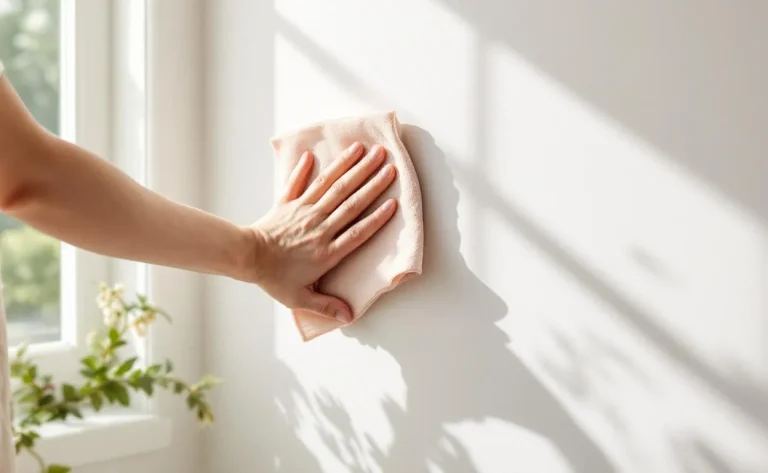Une personne nettoie délicatement un panneau de papier peint avec un chiffon doux.