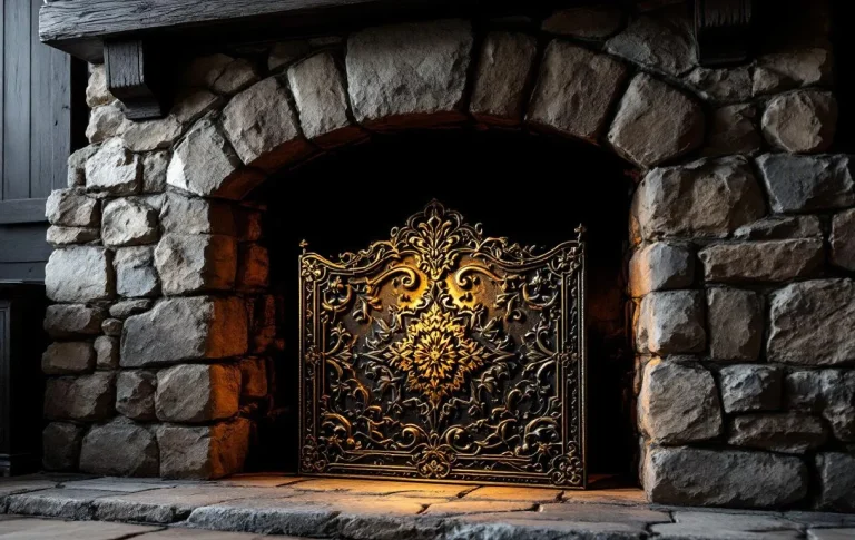 Plaque d’âtre ornée d’un motif doré devant un feu de cheminée.