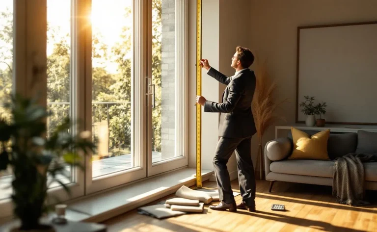 Une personne utilise un mètre ruban pour mesurer une fenêtre en vue d’installer des rideaux.