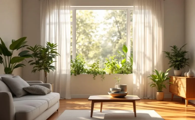 Salon lumineux avec des fauteuils clairs et une grande fenêtre laissant passer la lumière.