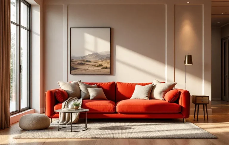 Un canapé rouge posé dans un salon moderne avec quelques objets de décoration.