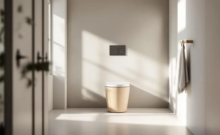 Toilettes sèches en bois clair posées dans un espace intérieur.