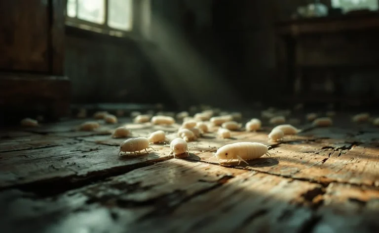 Des vers blancs rampent sur un sol abîmé.