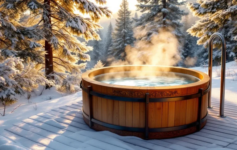Un bain nordique en bois repose sur une terrasse enneigée, avec de la vapeur s’échappant au lever du soleil parmi des pins givrés.