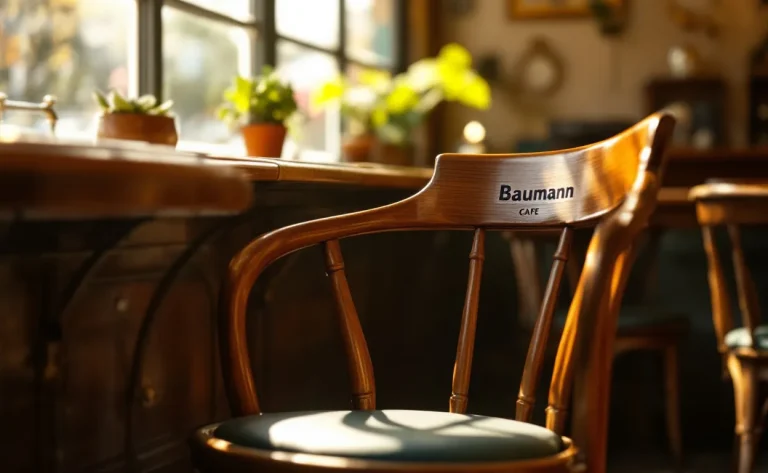 Gros plan sur une chaise Baumann authentique en bois, éclairée par la lumière naturelle dans un café vintage.