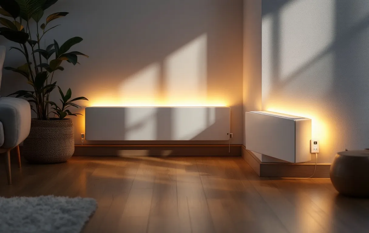 Coin de salon moderne avec des plinthes chauffantes électriques blanches diffusant une lueur dorée sur un parquet, décor minimaliste et ambiance épurée.