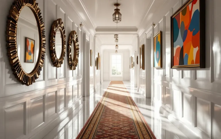 Un couloir étroit décoré de miroirs, d’œuvres murales colorées et de tapis à motifs, éclairé par la lumière du jour provenant d’une fenêtre au fond.