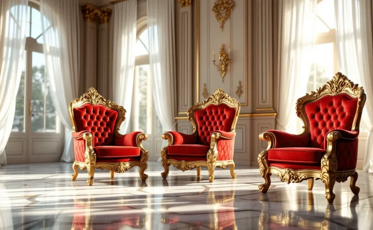 Trois fauteuils baroques ornés de velours et dorures sont disposés dans un salon lumineux au sol en marbre et à la décoration raffinée.