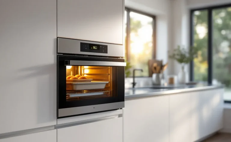 Un four Valberg moderne avec la porte entrouverte diffuse une lumière dorée sur un plateau de cuisson dans une cuisine élégante.