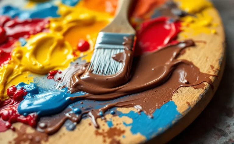 Palette de peintre avec des touches de rouge, jaune et bleu mêlées pour former un brun profond sous une lumière naturelle douce.