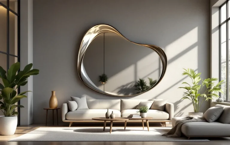 Salon moderne avec un grand miroir aux formes organiques fixé sur un mur texturé, accompagné d’une décoration minimaliste et éclairé par une lumière naturelle douce.